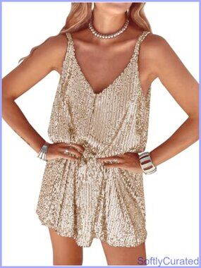 Sequin Mini Dress Deep V-Neck Sleeveless Shift Party Club